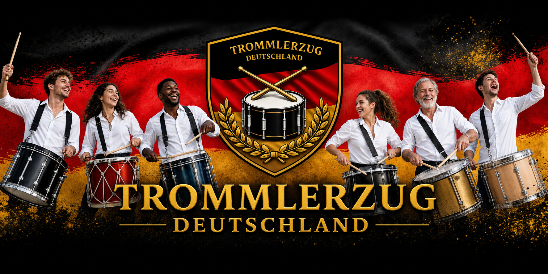 Bild mit Menschen die vor der Bundesflagge trommeln.